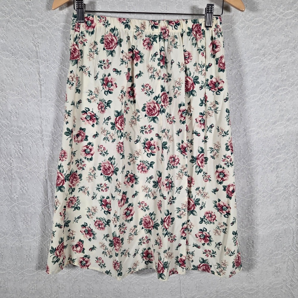 Vintage‎ Floral Midi Skirt Womens 10P Pink Rose Elastic Waist Cottagecore USA